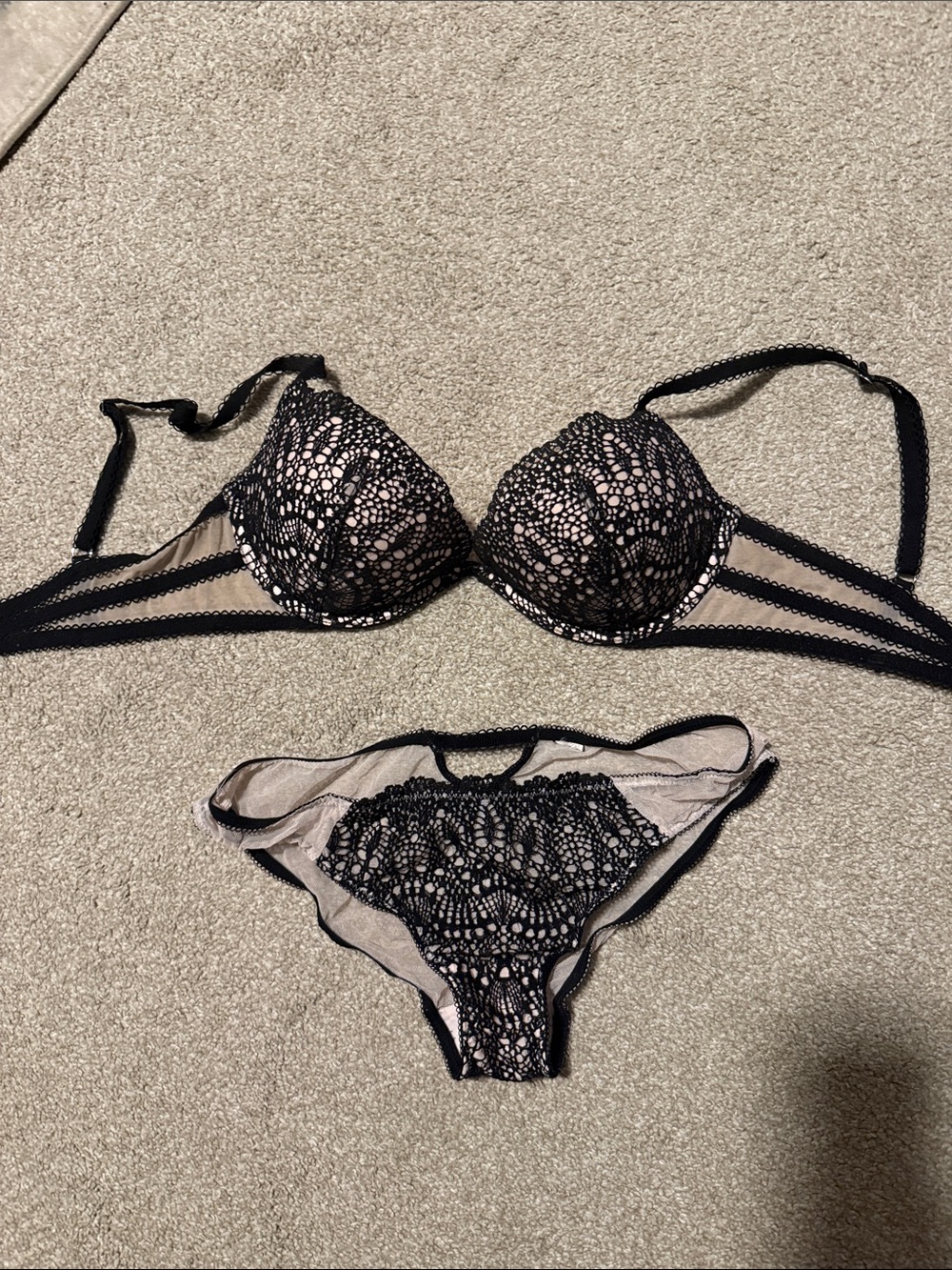 Victoria's Secret Black Lace Overlay Bra & Bikini Set with light pink Lining